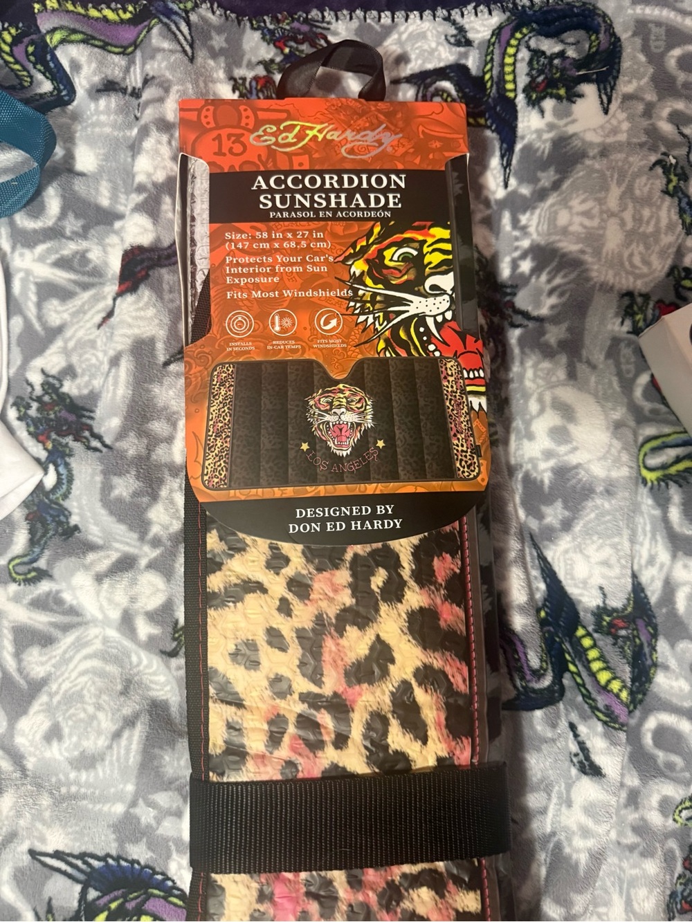 Ed Hardy Leopard Print Accordion Sunshade - Pink, Black & Cream